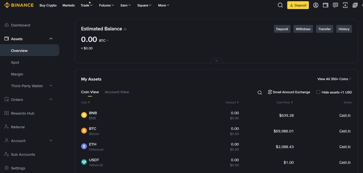 نظرة عامة على الأصول والمحفظة في Binance