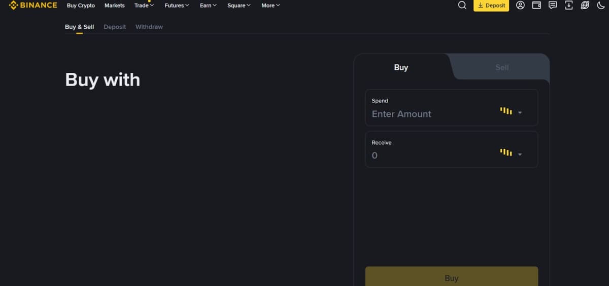 صفحة شراء وبيع العملات الرقمية في Binance