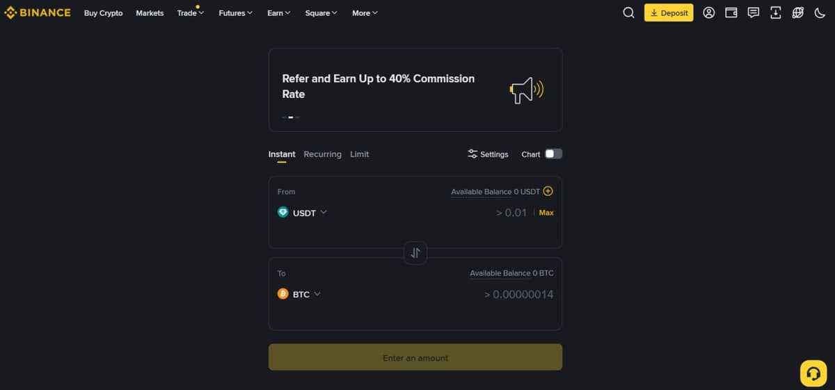 ميزة التحويل في Binance - تداول فوري من USDT إلى BTC