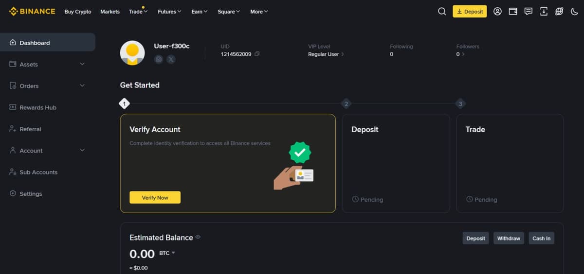 لوحة تحكم Binance مع خطوات البدء