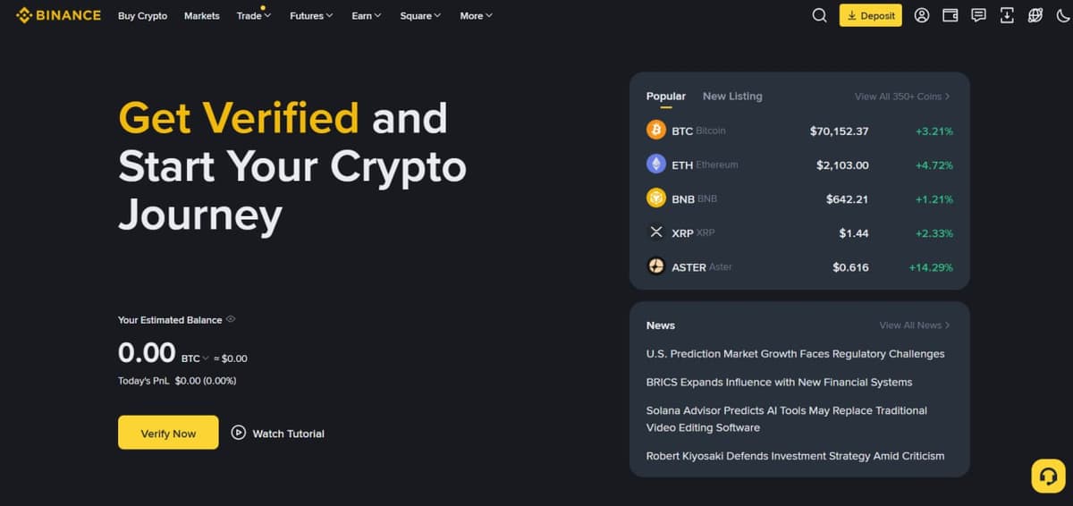 الصفحة الرئيسية لـ Binance