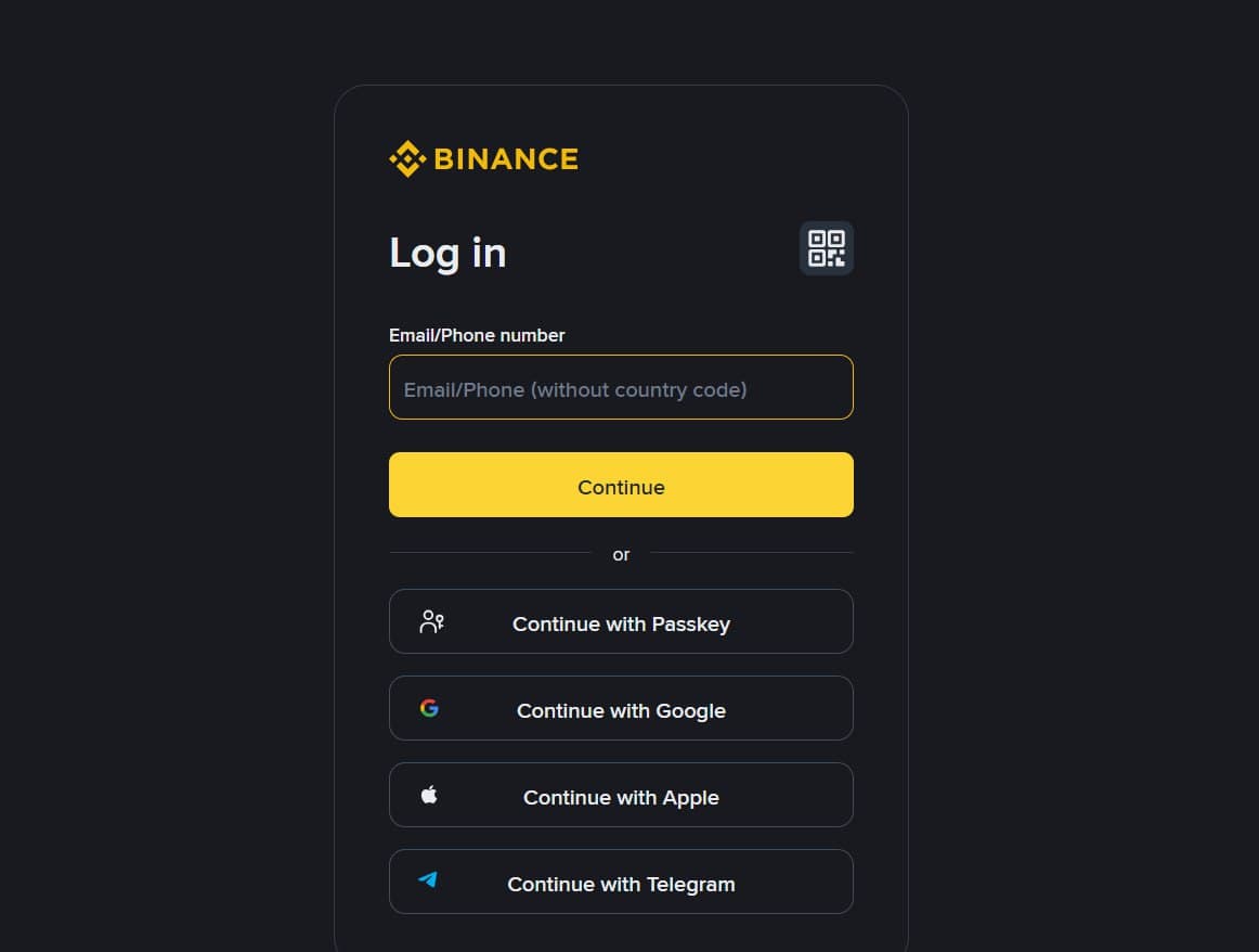 صفحة تسجيل الدخول إلى Binance