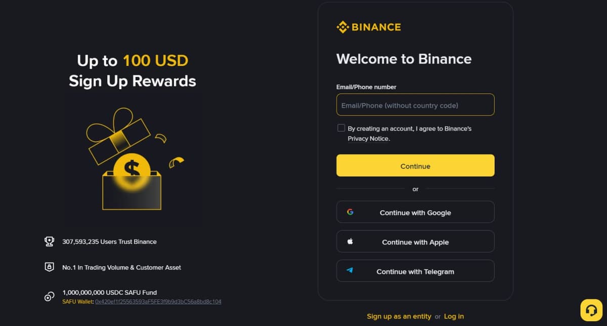 صفحة التسجيل في Binance