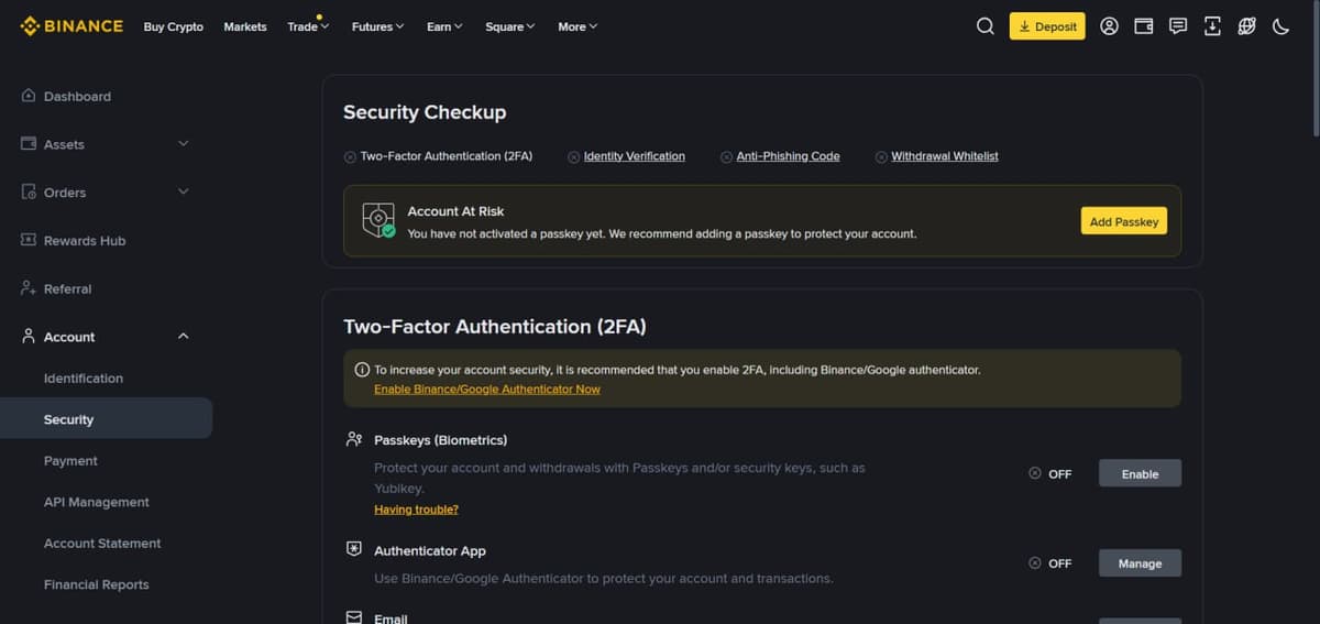 إعدادات الأمان في Binance مع خيارات المصادقة الثنائية